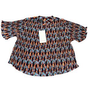 Wildfang The Empower Plissé Boxy Blouse NWT Retro Floral Medium Pleated Abstract